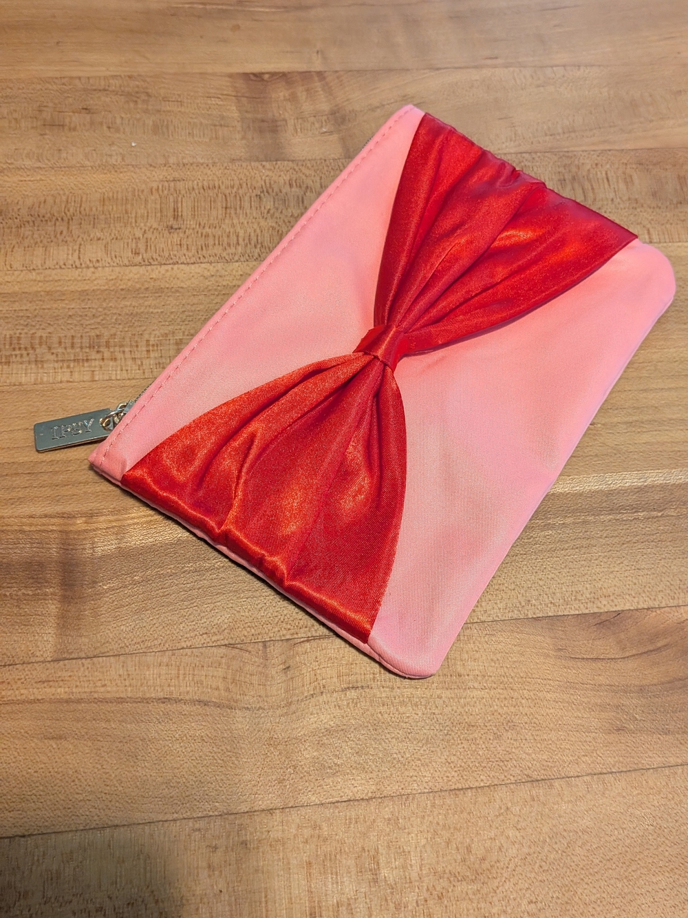 Ipsy Pink and Red Bow Satin Clutch Pouch -